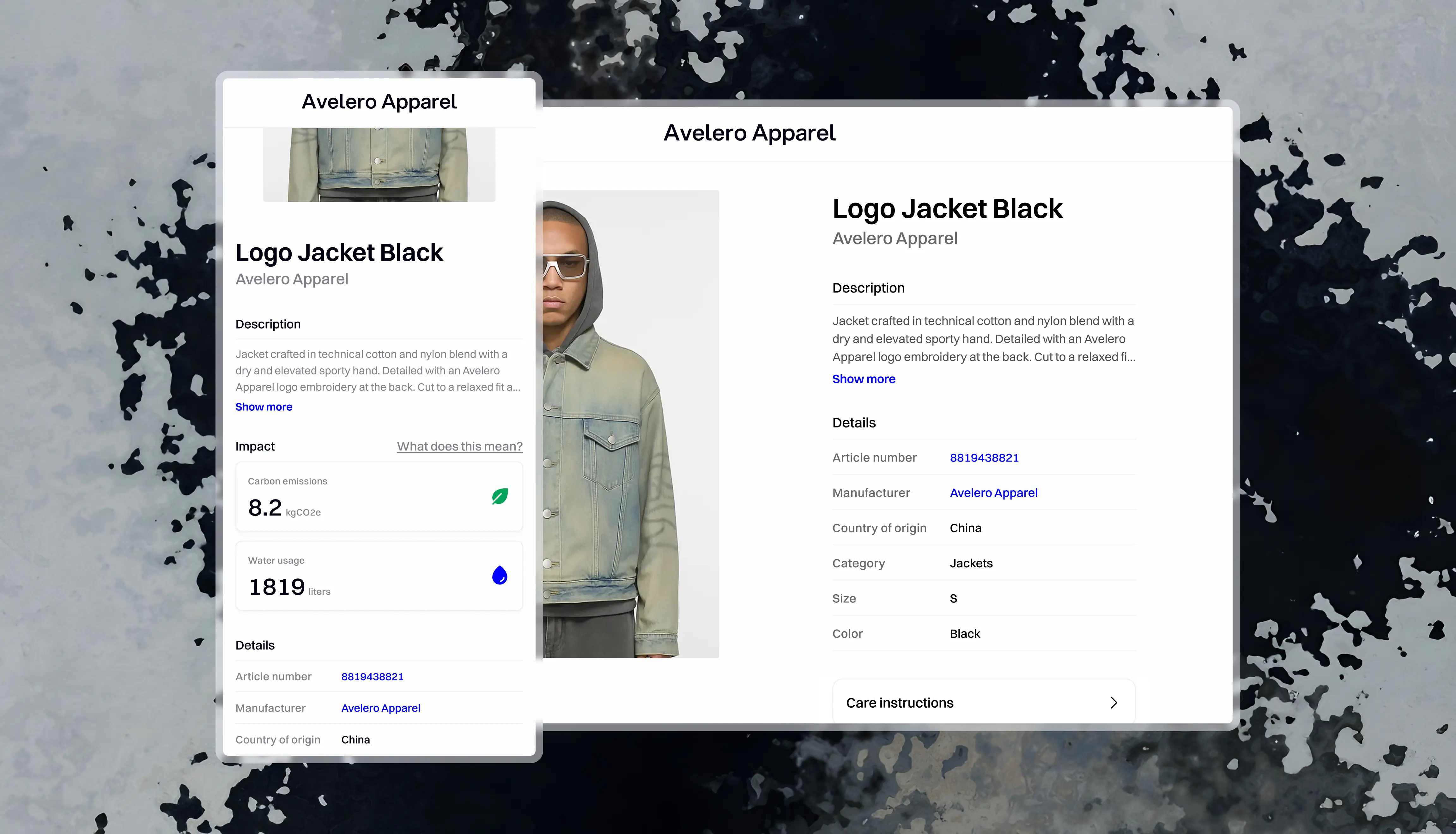Digital product passport interface showing sustainable fashion product information with environmental impact data and customizable brand design