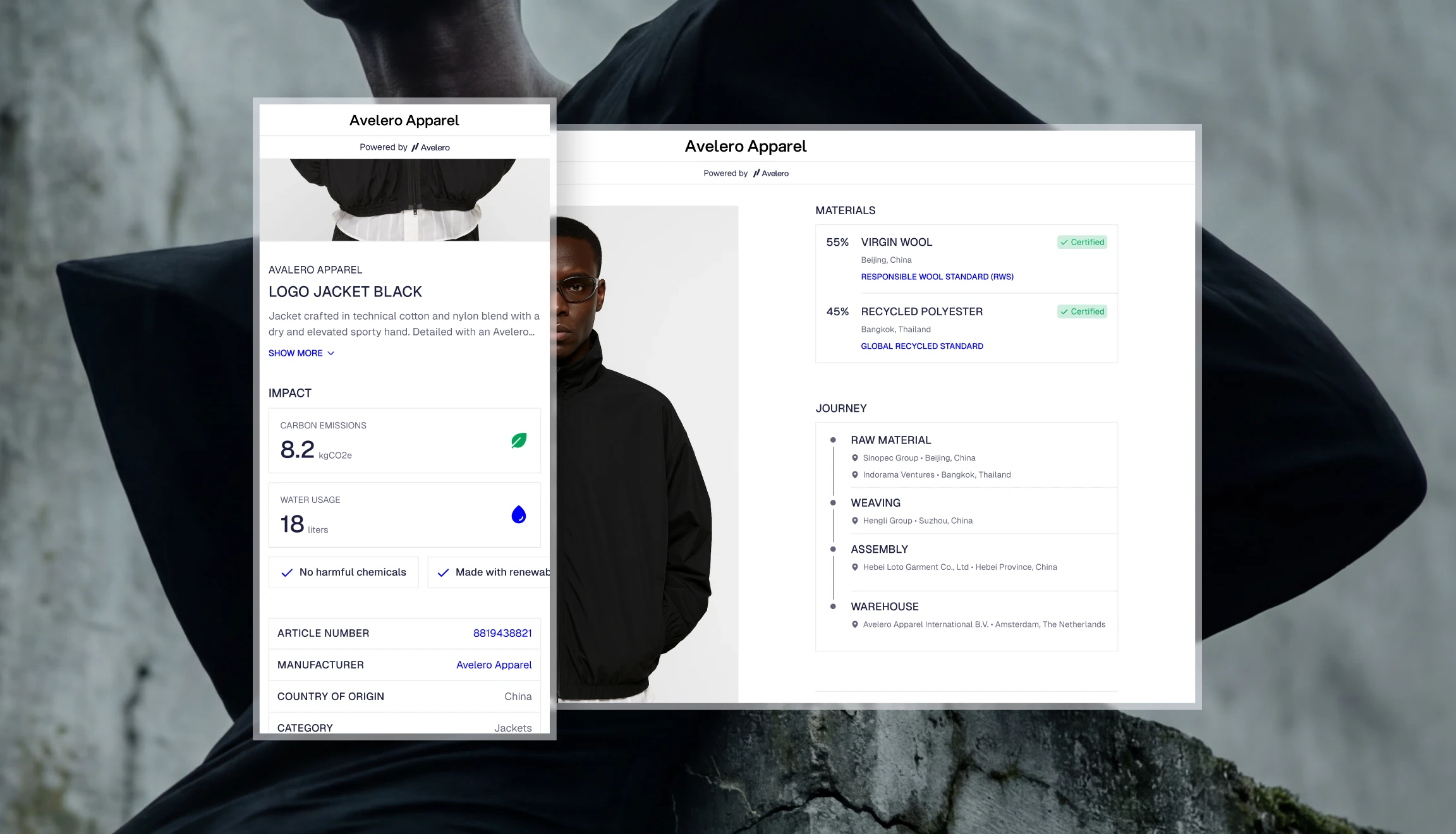 Digital product passport interface showing sustainable fashion product information with environmental impact data and customizable brand design